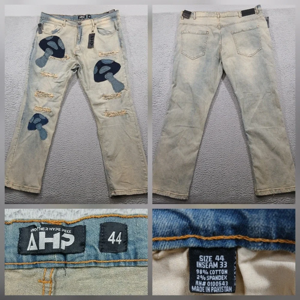 Another Hype Piece AHP Mushroom Patch Distressed Slim Jeans Men's 44x33 EUC‎